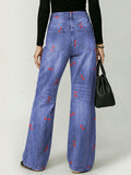 Vintage Cherry Decorative Pattern Women's Casual Cotton Denim Pants