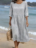 Women's CasualRound Neck Mid Sleeve Print Cotton and Linen Dress