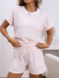 Women's Striped Set: Crew Neck Short-sleeve Pullover & Drawstring Shorts