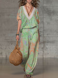 Women's Abstract Print V-neck Short-sleeve Loose-fit Top & Elastic-waist Wide-leg Pants Set