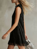Women's Stand Collar Black Lace Sleeveless Mini Dress