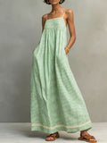 Women's Striped Print Square-neck Sleeveless Casual Loose-fit Cotton-linen Sundress