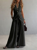 Casual Two-piece Set: Floral-print Linen & Cotton Top And Solid-color Trousers