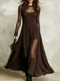 Women's Solid-color Round-neck Long-sleeve Casual Loose Mesh Dress