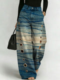 Women's Retro Gradient Pattern Printed Stylish Cutout Casual Denim Jeans