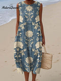 Women's Vintage Floral Pattern Art Print Sleeveless Cotton Pocket Wrap Dress