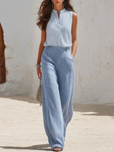 Women's Sleeveless Striped Shirt And Wide-leg Pants Cotton-linen Set