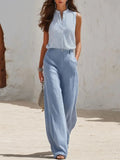 Women's Sleeveless Striped Shirt And Wide-leg Pants Cotton-linen Set