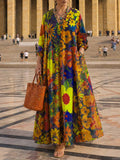 Women's Abstract Print V-neck Long-sleeve Loose-fit Cotton-linen Casual Dress