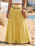 Boho Vacation-style Cotton-linen Maxi Skirt With Belt Detail