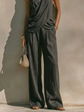 Dark Gray Textured Cotton-linen Halter Cross Draped Top & High-waist Wide-leg Pants Set