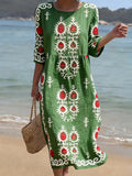 Women's CasualRound Neck Mid Sleeve Print Cotton and Linen Dress