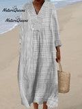Women Vintage Stripes Casual V Neck Midi Dress