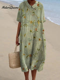 Women's Vintage Lovely Floral Art Print Casual Pocket Linen Dress(Convertible Dress With Front And Back Option)