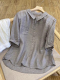 Women's Solid-color Collared Short-sleeve Casual Loose Cotton-linen Top