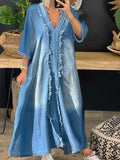 Ursime Denim Raw Trim V Neck 3/4 Sleeve Maxi Dress