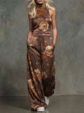 Stylish And Elegant Floral Print Sleeveless Top And Pants Two-piece Set