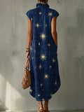Mystical Astrological Starry Sky Decorative Pattern Women's No Sleeve Linen Cotton Dress