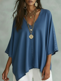 Women’s Loose Fit V-Neck Denim Shirt – Casual Relaxed Chambray Top