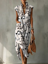 Musical Note Decorative Pattern Women's Casual No Sleeve Bud Collar Linen Cotton Dress