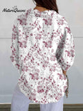 Women's Purple Watercolor Small Floral Print Casual Linen V-neck Shirt