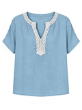 Casual Short-sleeve Top With Lace-trimmed Collar (linen & Cotton)