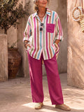 Cozy Striped Color-block Shirt & Pants Two-piece Set