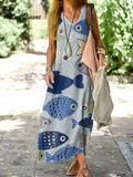 Vintage Japanese Fish Print Resort Sleeveless Dress