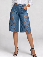 Women's High-waisted Cutout Lace Loose-fit Wide-leg Denim Shorts