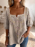 Women's Vintage-print Square-neck 3/4-sleeve Casual Loose Cotton-linen Top
