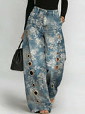 Women's Retro Floral Art Print Casual Stylish Hollow Denim Pants