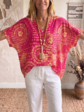 Boho Vintage Print V-neck Batwing Sleeve Shirt