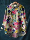 Women's Vintage Colorful Floral Art Print Casual Cotton And Linen Shirt