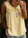 Women's Solid-color Sleeveless Shirt — Turn-down Collar, Lace Trim, Button-front