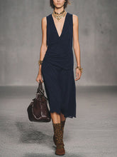 Women's Solid-color V-neck Sleeveless Loose-fit Cotton Casual Dress