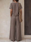 Women's Solid-color Cotton-linen Set: V-neck Short-sleeve Loose-fit Top & High-waisted Wide-leg Pants
