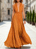 Retro Polka-dot Halter-neck Deep V-neck Pleated Maxi Dress