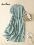 Women's Cotton And Linen Short Sleeve Solid Color Casual Shirt Dress