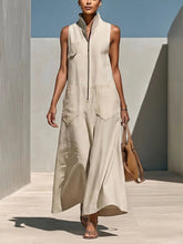 Light Beige Textured Cotton-linen Stand Collar Front-zip Cargo Pocket Sleeveless Wide-leg Jumpsuit