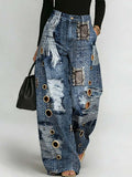 Women's Retro Art Print Casual Stylish Hollow Denim Pants