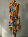 Colorful Geometric Mix-and-match Decorative Pattern Women's No Sleeve Bud Collar Linen Cotton Dress