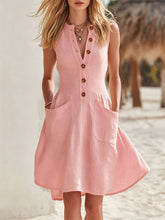 Women's Cotton-linen V-neck Button-front Sleeveless Loose Casual Dress