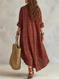 Women's Plaid Pattern Art Stylish Cotton Linen Maxi Dress