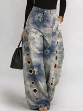 Women's Vintage Ink Wash Art Flowers Print Casual Fashion Cutout Jeans