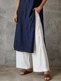 Women's Simple Navy Blue Linen-cotton Half-placket Long Shirt & White High-waisted Wide-leg Linen-cotton Trousers Set