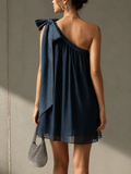 Dark Denim Blue One-Shoulder Bow Chiffon Overlay Mini Dress