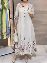 Women's V-neck Long-sleeve Casual Loose Cotton-linen Dress With Placement Print