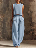 Casual Cargo Pockets Cotton-linen Wide-leg Pants