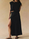Women's Solid-color Casual Vacation Two-piece Set: Slit Skirt & Sleeveless Shirt