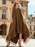Women's Solid-color V-neck Sleeveless Loose-fit Cotton-linen Casual Dress